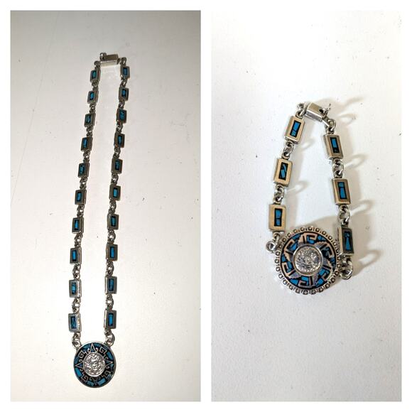 Vintage Taxco Mexico 925 Sterling Silver Necklace & Bracelet Set Sundial Design - Picture 15 of 16